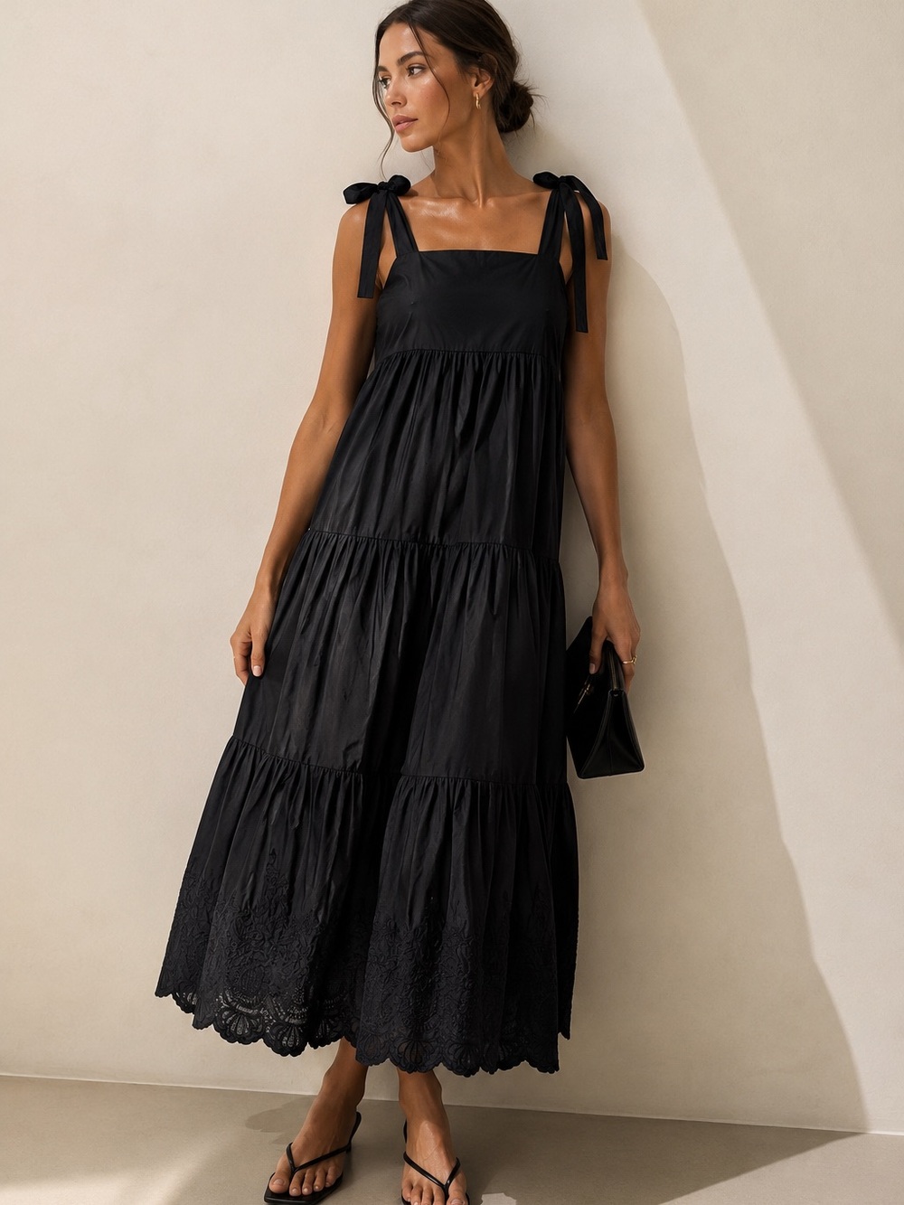 JASON WU Classic Black Sleeveless Tiered Maxi Dress Embroidered Hem Tie Shoulder